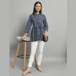Women Blue Floral Print Beach Wear 3/4 Sleeve Tops Dress