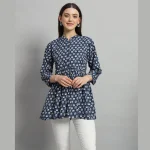 Women Blue Floral Print Beach Wear 3/4 Sleeve Tops Dress - Image 2