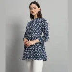 Women Blue Floral Print Beach Wear 3/4 Sleeve Tops Dress - Image 3