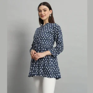 Women Blue Floral Print Beach Wear 3/4 Sleeve Tops Dress - Image 3