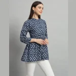 Women Blue Floral Print Beach Wear 3/4 Sleeve Tops Dress - Image 4