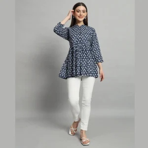 Women Blue Floral Print Beach Wear 3/4 Sleeve Tops Dress - Image 6
