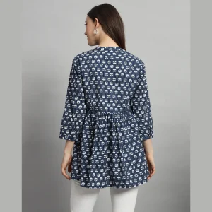 Women Blue Floral Print Beach Wear 3/4 Sleeve Tops Dress - Image 7