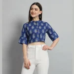 Women Blue Paisley Print Cotton Crop Tops / Shirts - Image 2