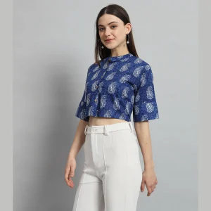 Women Blue Paisley Print Cotton Crop Tops / Shirts - Image 3