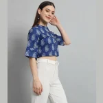Women Blue Paisley Print Cotton Crop Tops / Shirts - Image 4