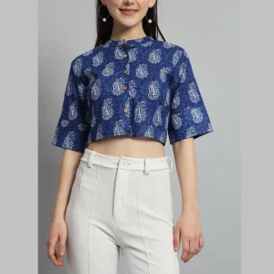 Women Blue Paisley Print Cotton Crop Tops / Shirts - Image 5