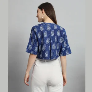 Women Blue Paisley Print Cotton Crop Tops / Shirts - Image 7