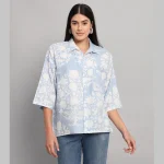 Women Casual Wear Oversized Cotton Shirt Light Blue Floral - Image 2