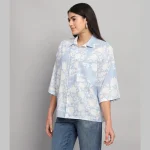 Women Casual Wear Oversized Cotton Shirt Light Blue Floral - Image 5