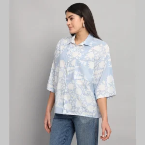 Women Casual Wear Oversized Cotton Shirt Light Blue Floral - Image 5