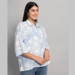Women Casual Wear Oversized Cotton Shirt Light Blue Floral - Image 4