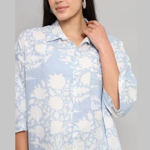 Women Casual Wear Oversized Cotton Shirt Light Blue Floral - Image 8