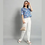 Women Cotton Blue Floral Print Short Shirts / Tops