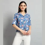 Women Cotton Blue Floral Print Short Shirts / Tops - Image 2