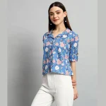 Women Cotton Blue Floral Print Short Shirts / Tops - Image 3