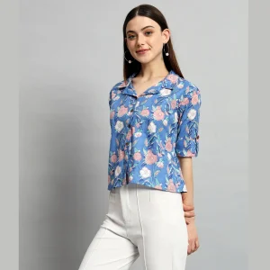 Women Cotton Blue Floral Print Short Shirts / Tops - Image 3
