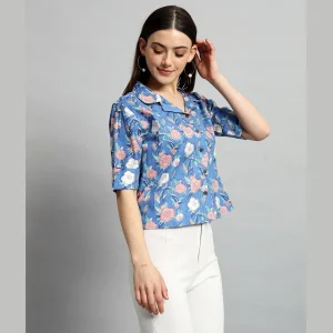 Women Cotton Blue Floral Print Short Shirts / Tops - Image 4