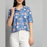Women Cotton Blue Floral Print Short Shirts / Tops - Image 5