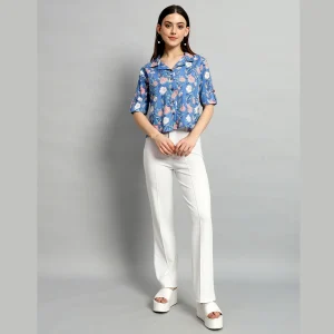 Women Cotton Blue Floral Print Short Shirts / Tops - Image 6