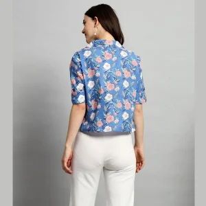 Women Cotton Blue Floral Print Short Shirts / Tops - Image 7