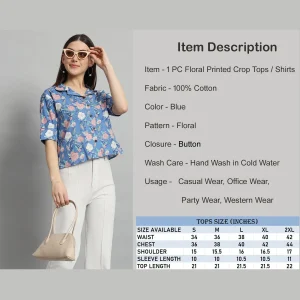 Women Cotton Blue Floral Print Short Shirts / Tops - Image 8