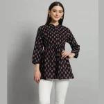 Women Cotton Collared Neck Tops Black Floral Print - Image 2