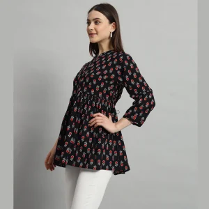 Women Cotton Collared Neck Tops Black Floral Print - Image 3