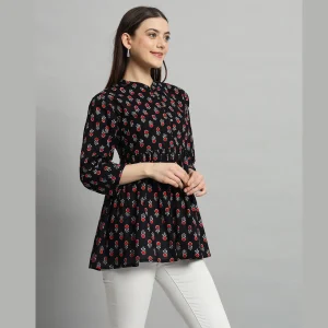 Women Cotton Collared Neck Tops Black Floral Print - Image 4