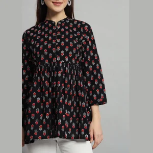 Women Cotton Collared Neck Tops Black Floral Print - Image 5