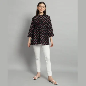 Women Cotton Collared Neck Tops Black Floral Print - Image 6