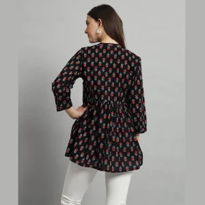 Women Cotton Collared Neck Tops Black Floral Print - Image 7