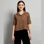 Women Fashion Brown Panther Print Cotton Crop Tops - Image 2