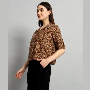 Women Fashion Brown Panther Print Cotton Crop Tops - Image 3
