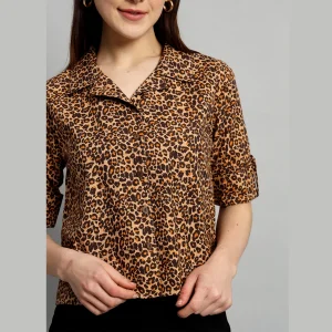 Women Fashion Brown Panther Print Cotton Crop Tops - Image 5