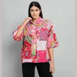 Women Pink Patchwork Oversized Shirt - Image 2