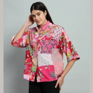 Women Pink Patchwork Oversized Shirt - Image 6