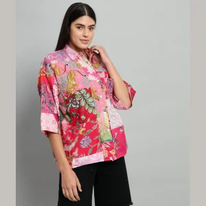 Women Pink Patchwork Oversized Shirt - Image 5