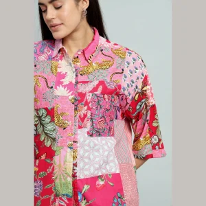 Women Pink Patchwork Oversized Shirt - Image 4