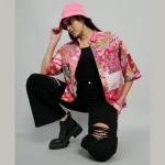Women Pink Patchwork Oversized Shirt