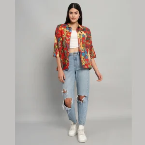 Women Red Frida Kahlo Print Oversized Shirt - Image 3