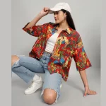 Women Red Frida Kahlo Print Oversized Shirt
