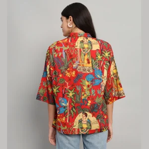 Women Red Frida Kahlo Print Oversized Shirt - Image 9