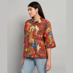 Women Red Frida Kahlo Print Oversized Shirt - Image 5