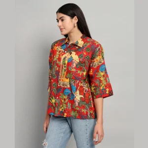 Women Red Frida Kahlo Print Oversized Shirt - Image 5
