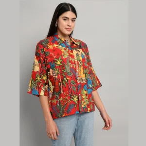 Women Red Frida Kahlo Print Oversized Shirt - Image 4