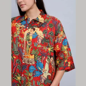 Women Red Frida Kahlo Print Oversized Shirt - Image 8