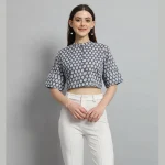 Women Summer Cotton Shirt Grey Floral Half Sleeve Crop Tops - Image 2