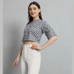 Women Summer Cotton Shirt Grey Floral Half Sleeve Crop Tops - Image 3