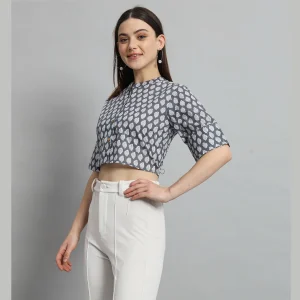 Women Summer Cotton Shirt Grey Floral Half Sleeve Crop Tops - Image 3